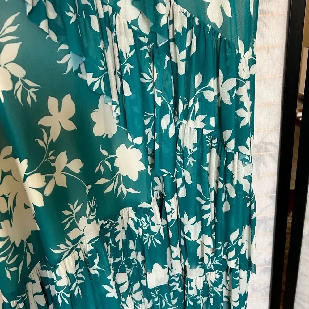 TORRID Teal White Floral Tiered Midi Mesh Ruffle Surplice Dress 12